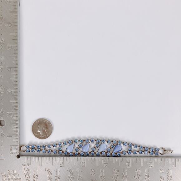 Vintage 1950s Blue Glass Rhinestone Moonglow Bracelet Mid Century Silver Tone - Picture 10 of 15